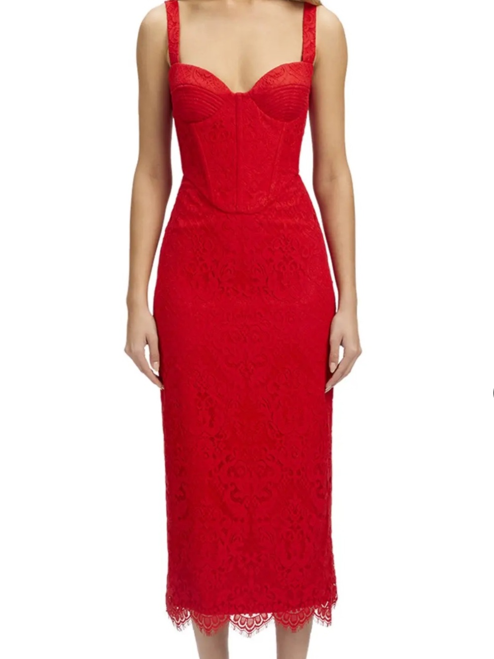 Bardot Red Lace Midi Dress with Corset Bodice